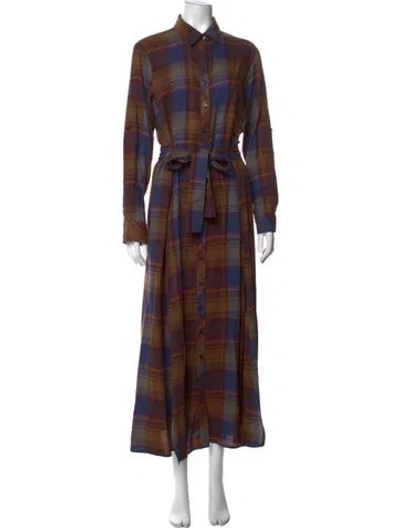 Pre-owned Finley Plaid Print Long Dress In Brown