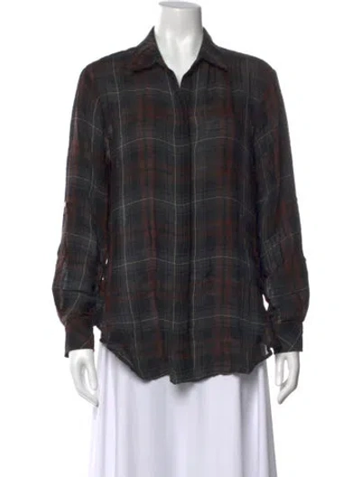 Pre-owned Finley Plaid Print Long Sleeve Button-up Top In Black
