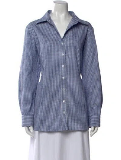 Pre-owned Finley Plaid Print Long Sleeve Button-up Top In Blue