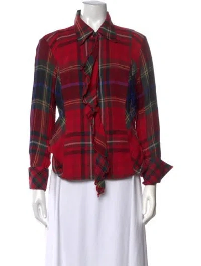 Pre-owned Finley Plaid Print Long Sleeve Button-up Top In Red
