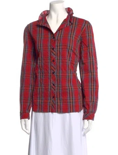 Pre-owned Finley Plaid Print Long Sleeve Button-up Top In Red