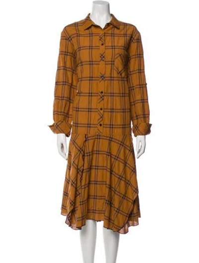 Pre-owned Finley Plaid Print Midi Length Dress In Brown