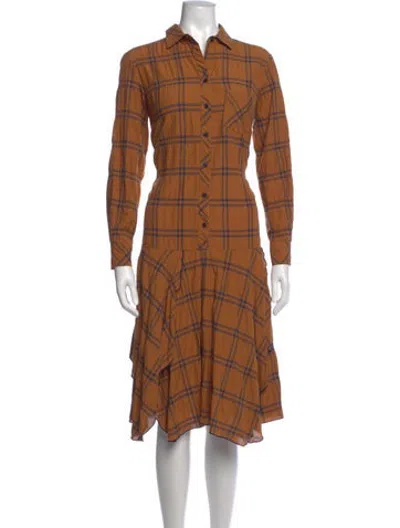 Pre-owned Finley Plaid Print Midi Length Dress In Brown