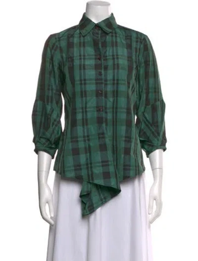 Pre-owned Finley Plaid Print Three-quarter Sleeve Button-up Top In Green