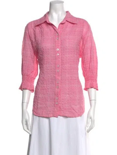 Pre-owned Finley Plaid Print Three-quarter Sleeve Button-up Top In Pink