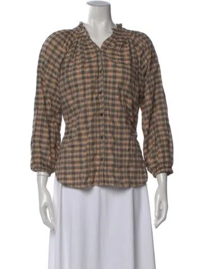 Pre-owned Finley Plaid Print V-neck Blouse In Brown