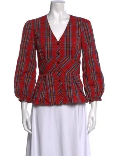 Pre-owned Finley Plaid Print V-neck Blouse In Red