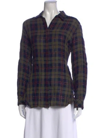 Pre-owned Finley Plaid Print V-neck Top In Blue