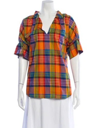 Pre-owned Finley Plaid Print V-neck Top In Orange