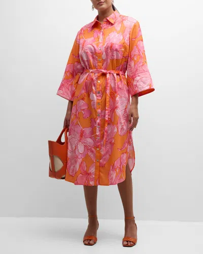 Finley Plus Size Alex Floral-print Midi Shirtdress In Orange