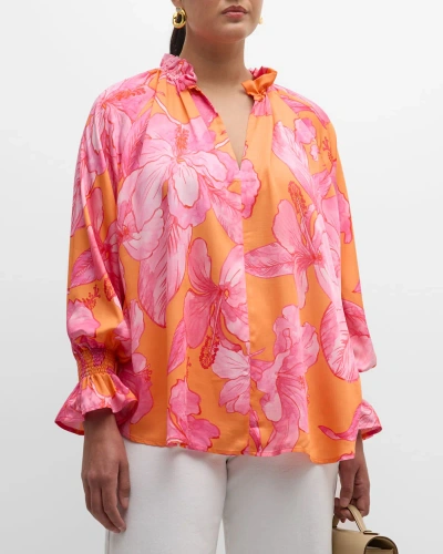 Finley Plus Size Candace Floral-print Cotton Top In Orangepink