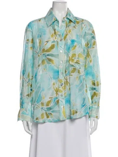 Pre-owned Finley Printed Long Sleeve Button-up Top In Blue
