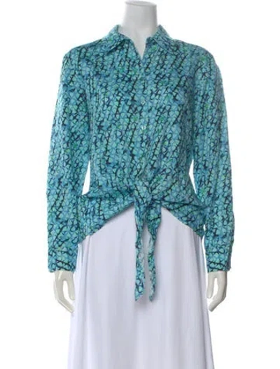 Pre-owned Finley Printed Long Sleeve Button-up Top In Blue