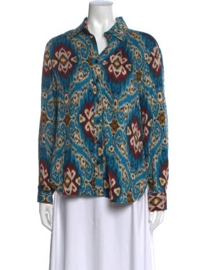 Pre-owned Finley Printed Long Sleeve Button-up Top In Blue