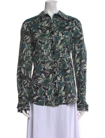Pre-owned Finley Printed Long Sleeve Button-up Top In Green