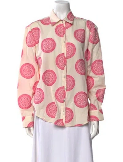 Pre-owned Finley Printed Long Sleeve Button-up Top In White