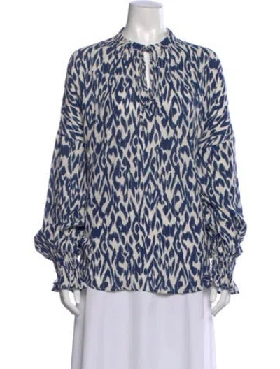 Pre-owned Finley Printed Tie Neck Blouse In Blue