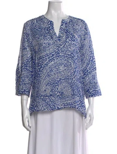 Pre-owned Finley Printed V-neck Top In Blue