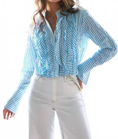 Finley Raffele Ruffle Crop Shirt In Natural/turquoise In Blue