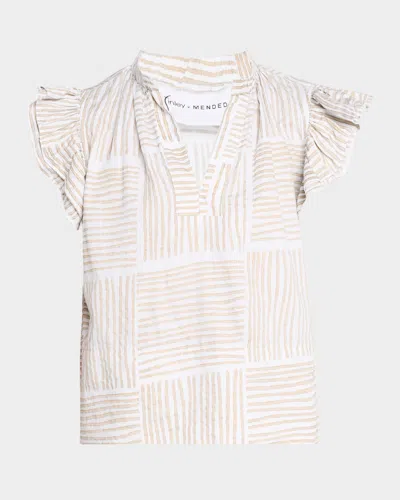 Finley Remy Striped Ruffle-sleeve Cotton Top In Gold