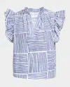 Finley Remy Striped Ruffle-sleeve Cotton Top In Navy