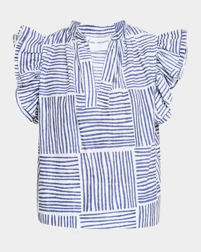 Finley Remy Striped Ruffle-sleeve Cotton Top In Navy