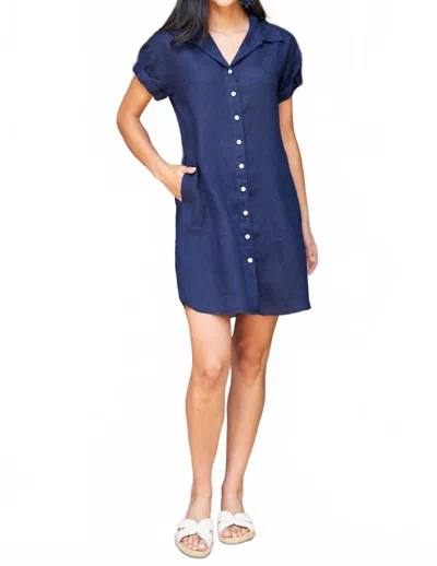 Finley Roll Sleeve Camp Dress In Navy Washed Linen In Blue