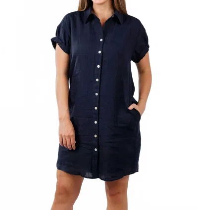 Finley Roll Sleeve Washed Linen Camp Dress In Navy In Blue