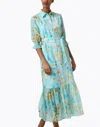 Finley Sienna Seaweed-print Flounce Midi Shirtdress In Blue