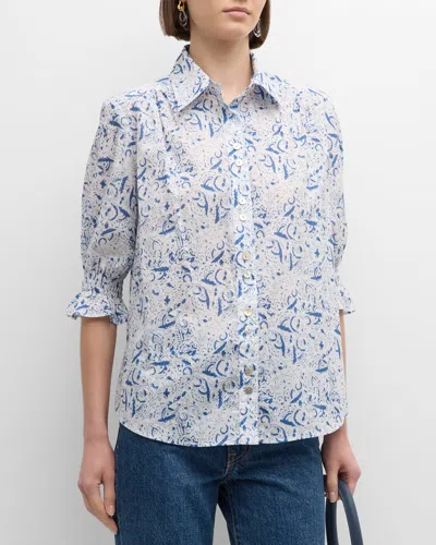 Finley Sirena Scrollwork-print Cotton Shirt In Whiteblue