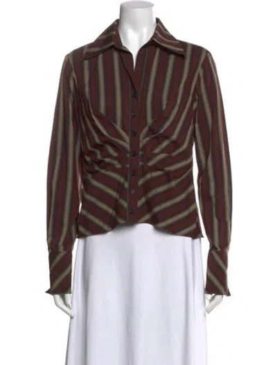Pre-owned Finley Striped Long Sleeve Blouse In Brown