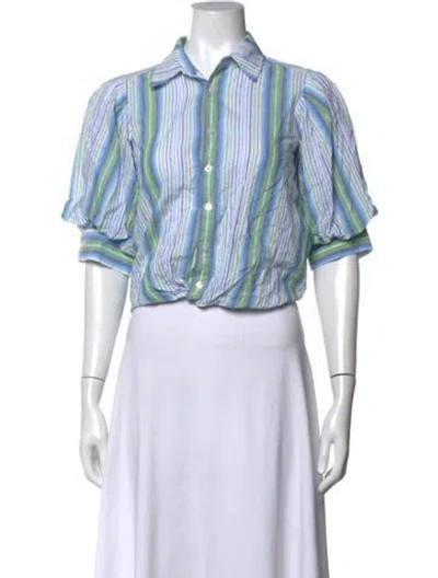 Pre-owned Finley Striped Short Sleeve Button-up Top In Blue