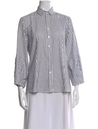 Pre-owned Finley Striped Three-quarter Sleeve Button-up Top In White