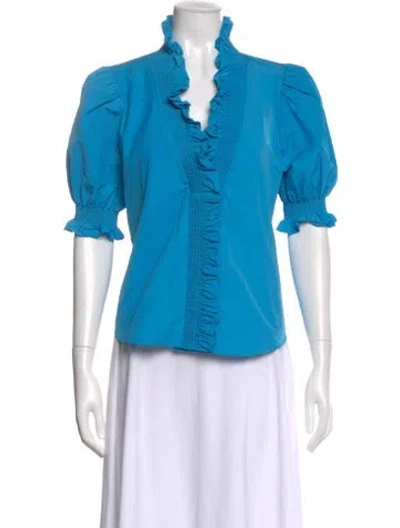 Pre-owned Finley V-neck Short Sleeve Blouse In Blue