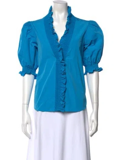 Pre-owned Finley V-neck Three-quarter Sleeve Blouse In Blue