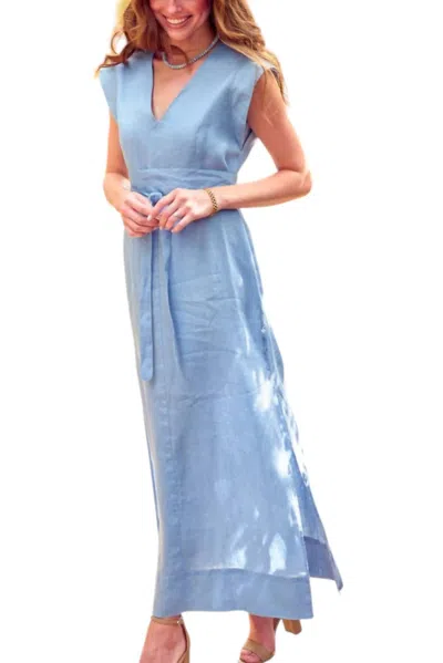 Finley Washed Linen Beverly Long Shift Dress In Fresh Blue
