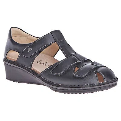 Pre-owned Finn Comfort Womens Sandals Funen Hook-and-loop Strappy Outdoor Leather In Black