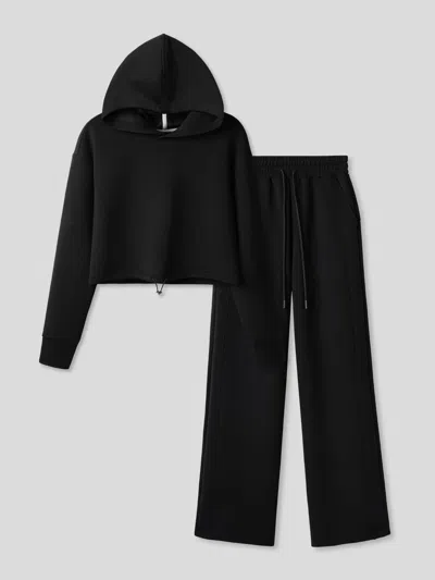 Fioboc Women Modal Blend Hoodie And Wide Leg Pant Set In Black