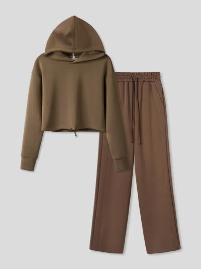 Fioboc Women Modal Blend Hoodie And Wide Leg Pant Set In Brown