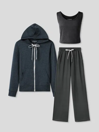 Fioboc Women Velou Tank, Full Zip Hoodie & Wide Leg Pant 3-piece Set