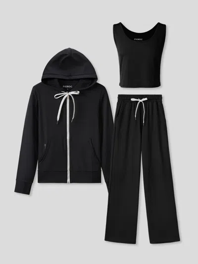 Fioboc Women Velou Tank, Full Zip Hoodie & Wide Leg Pant 3-piece Set In Black