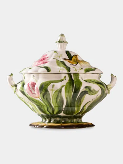 Fioravola Birds And Tulips Hand-painted Ceramic Tureen In Multi