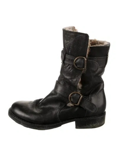 Pre-owned Fiorentini + Baker Leather Faux Fur Trim Moto Boots In Black