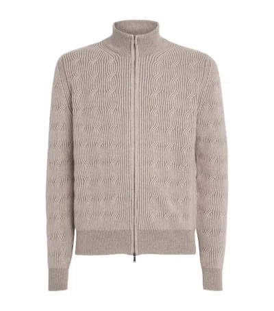 Fioroni Cashmere Cashmere Cable-knit Zip-up Sweatshirt In Gold
