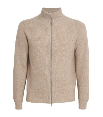Fioroni Cashmere Cashmere-linen Zip-up Cardigan In Sand
