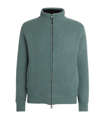 Fioroni Cashmere Mink-lined Cashmere Zip-up Sweater In Green