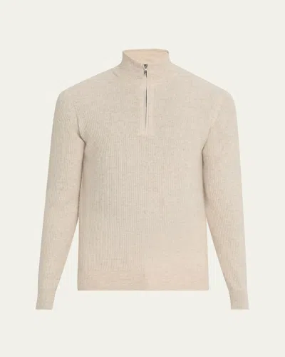Fioroni Men's Cashmere And Linen Rib Half-zip Sweater In Lt Brwn Nat