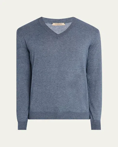 Fioroni Men's Cotton And Cashmere V-neck Sweater In Blue