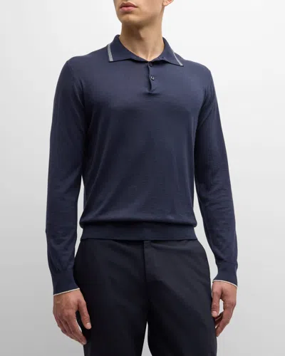 Fioroni Men's Cotton-cashmere Long-sleeve Polo Shirt In Blue