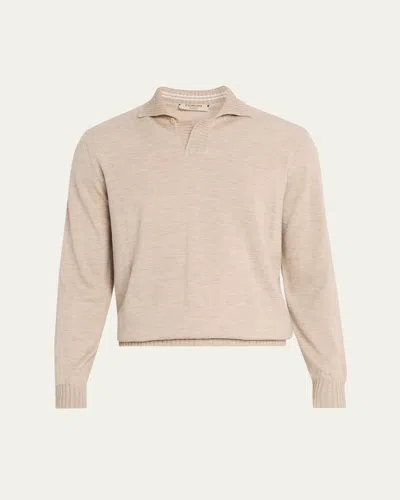 Fioroni Men's Duvet Cashmere Johnny-collar Long-sleeve Polo Shirt In Brown
